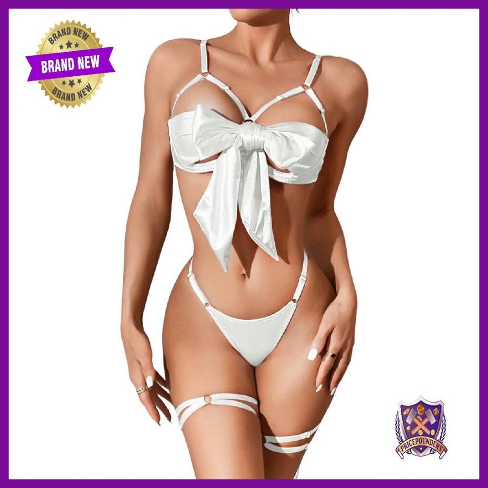 Satin Bow Lingerie Set Strappy Unwrap Present Bra Thong Valentine Gift